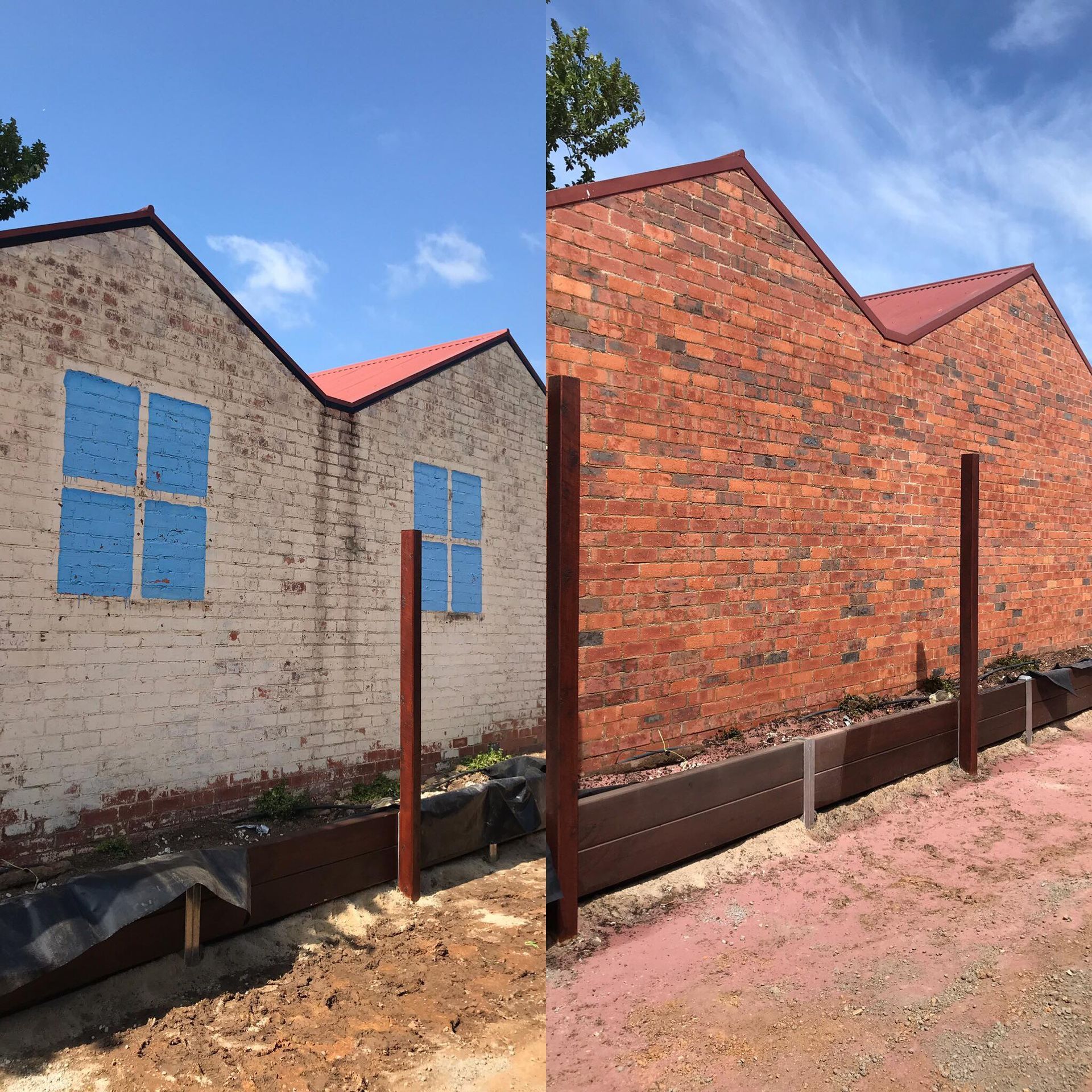 A before and after photo of a brick building