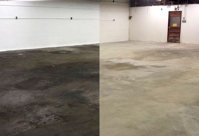 A before and after photo of a concrete floor in a garage.
