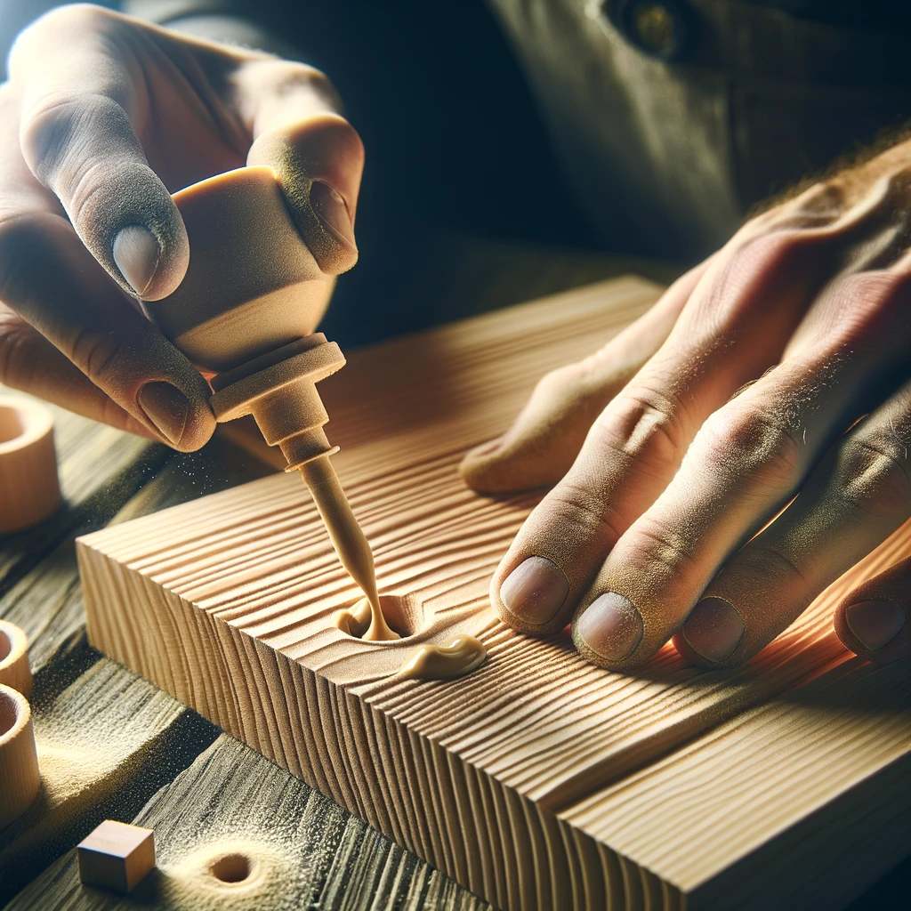 Professionista applica stucco per legno prima della verniciatura