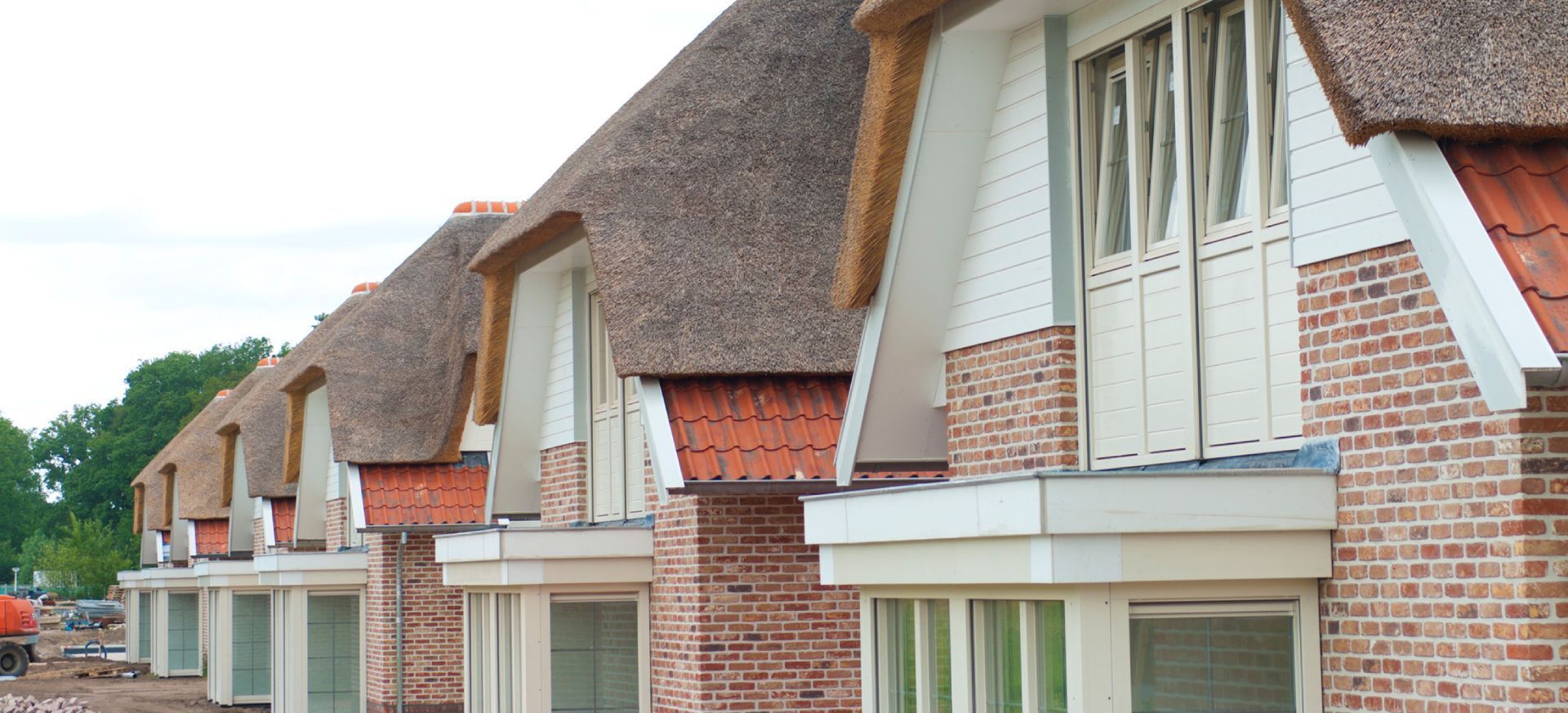 Een rij bakstenen huizen met rieten daken en witte kozijnen onder een bewolkte hemel.