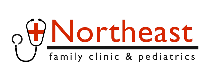 Logo of Northeast Family Clinic & Pediatrics, with a stethoscope and red cross icon.