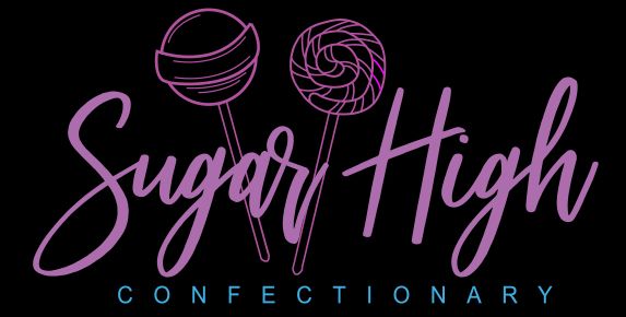 a logo for sugar high confectionary with lollipops on a black background .