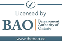 Licensed by the BAO, Bereavement Authority of Ontario logo with website www.thebao.ca