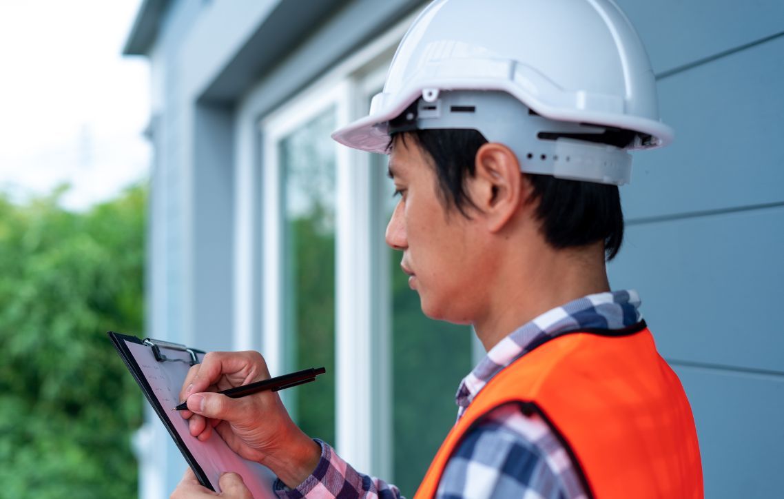 A man wearing a hard hat is writing on a clipboard.
