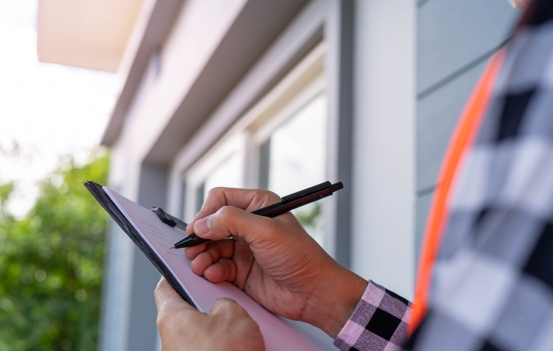 A man is writing on a clipboard with a pen.