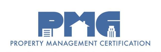 the logo for pmg property management certification is blue and white .