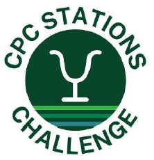 CPC Stations Challenge logo: Green circle with a psychology symbol, surrounded by text and horizontal green/blue lines.