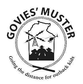 Logo for Govies' Muster, an event raising money for outback kids, features silhouettes of people with radio tower, helicopter, and Northern Territory map.