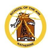 Emblem for the School of the Air Katherine, featuring an airplane, radio tower, and vehicle. Gold and brown colors.
