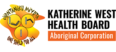 Logo for Katherine West Health Board Aboriginal Corporation: yellow Aboriginal artwork beside black text on white background.