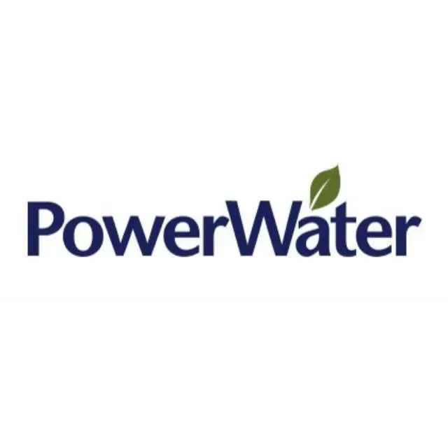 PowerWater logo with navy blue text and a green leaf icon.