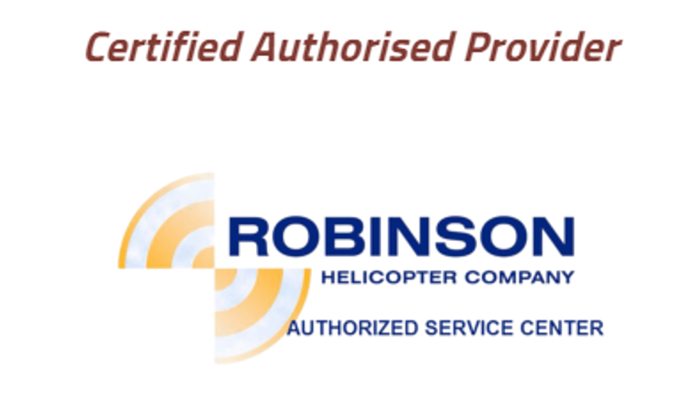 Logo of Robinson Helicopter Company, an authorized service center. Text 