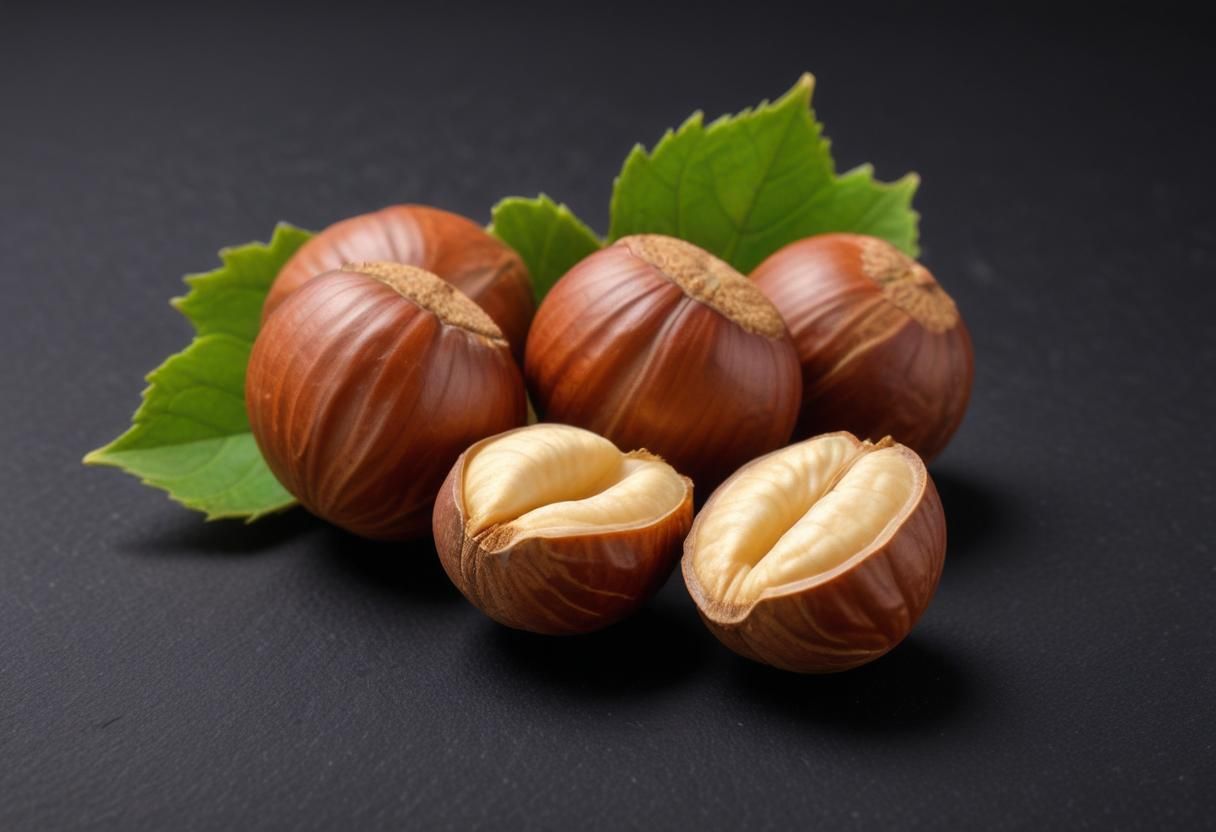 Ein Bündel Haselnüsse mit einem grünen Blatt auf schwarzem Hintergrund