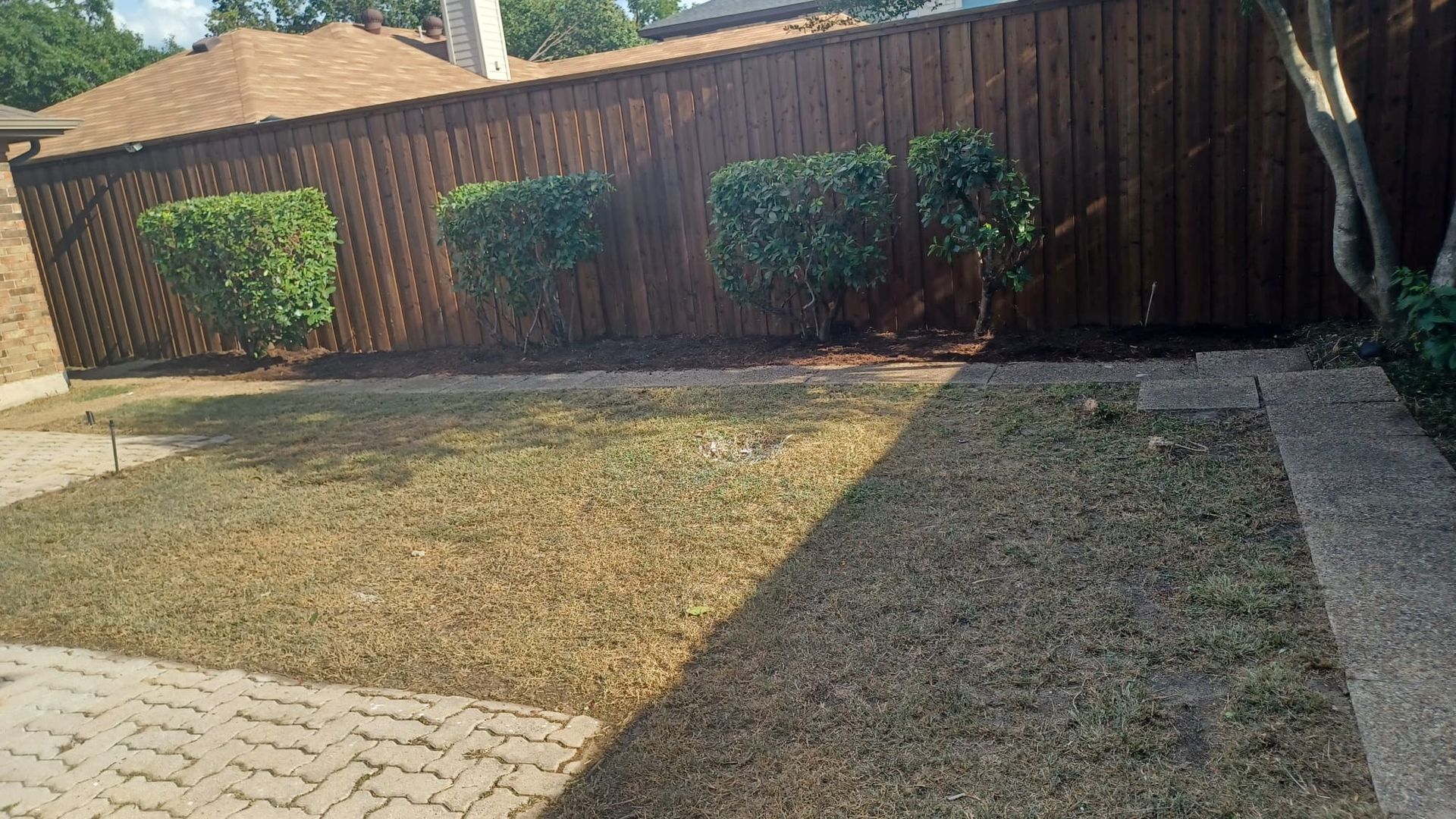 A backyard with a wooden fence and a brick walkway.