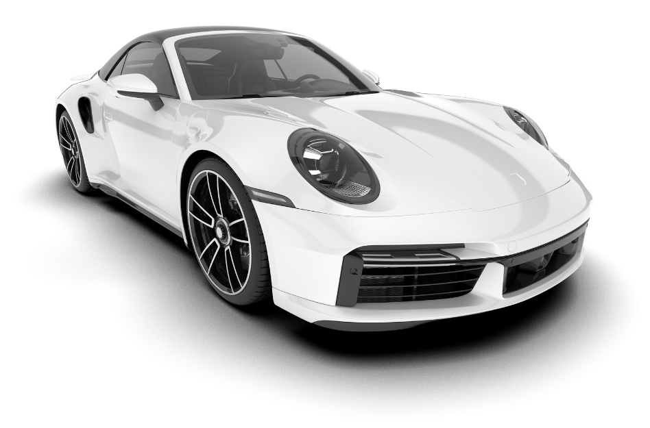 A white porsche 911 turbo s is shown on a white background.