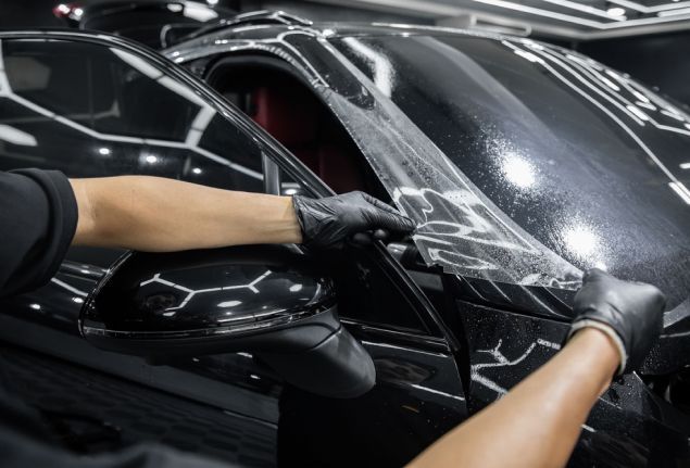 A person is cleaning the windshield of a black car.