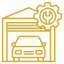 A car is parked in a garage with a wrench and gear.