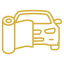 A line drawing of a car with a roll of paper in front of it.