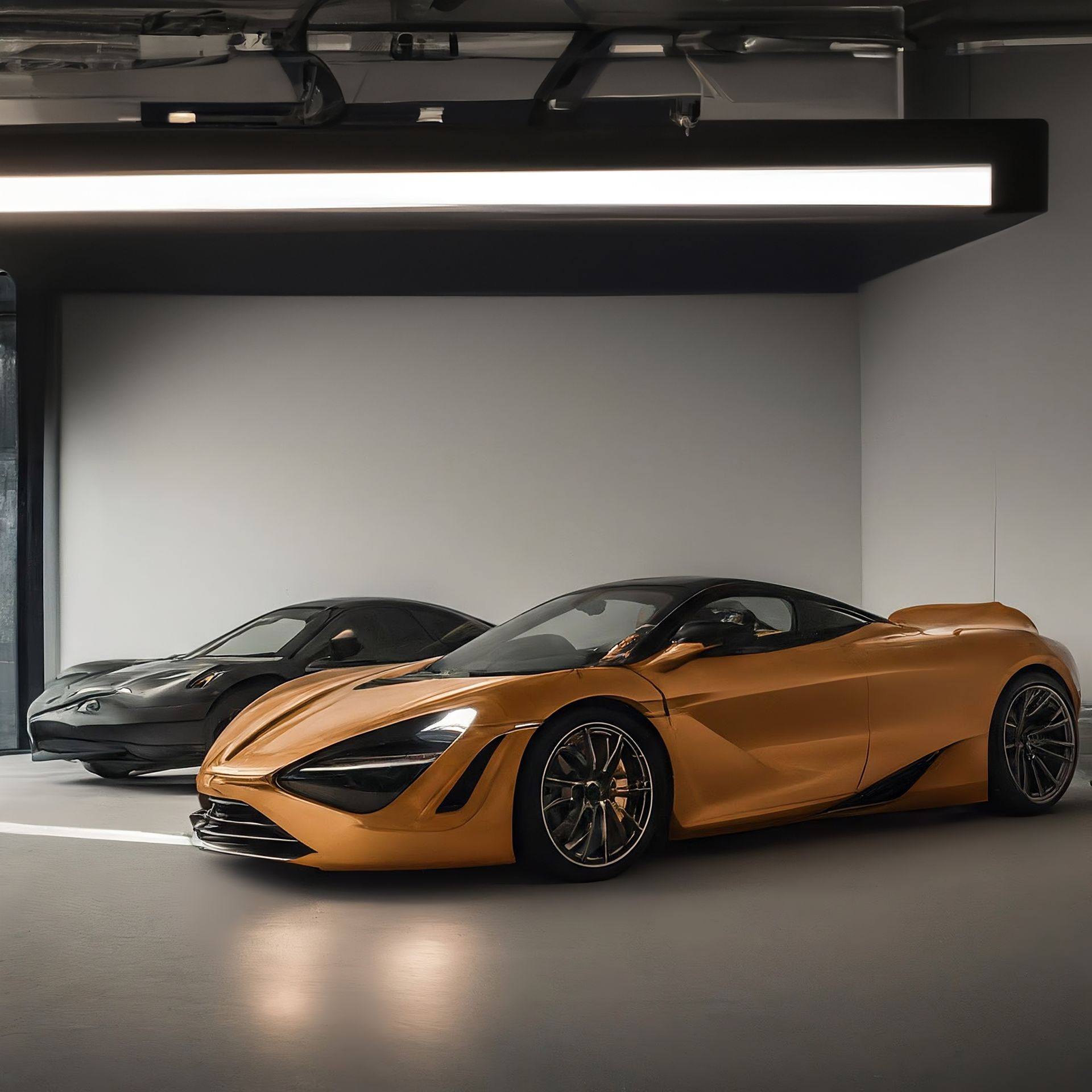 Two sports cars are parked next to each other in a garage
