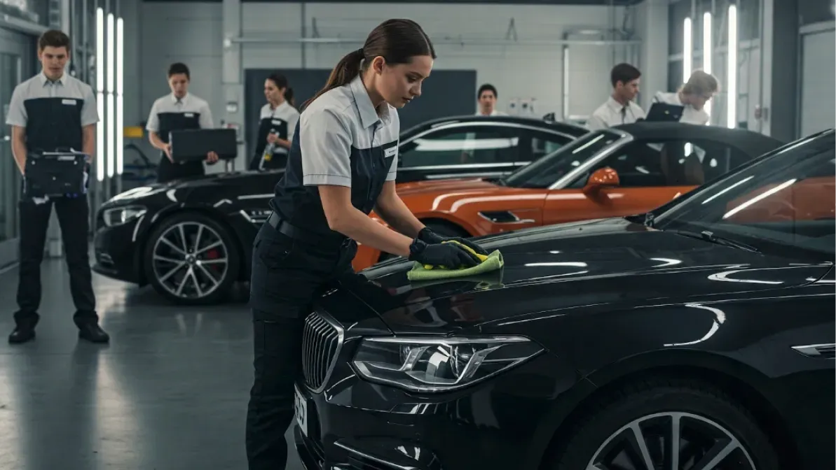 A woman is polishing a car in a garage.