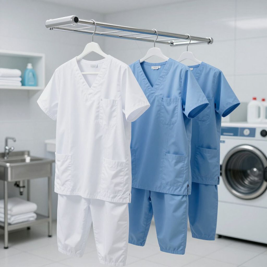 Trois ensembles de blouses médicales sont suspendus à un portant dans une buanderie, un blanc et deux bleus.