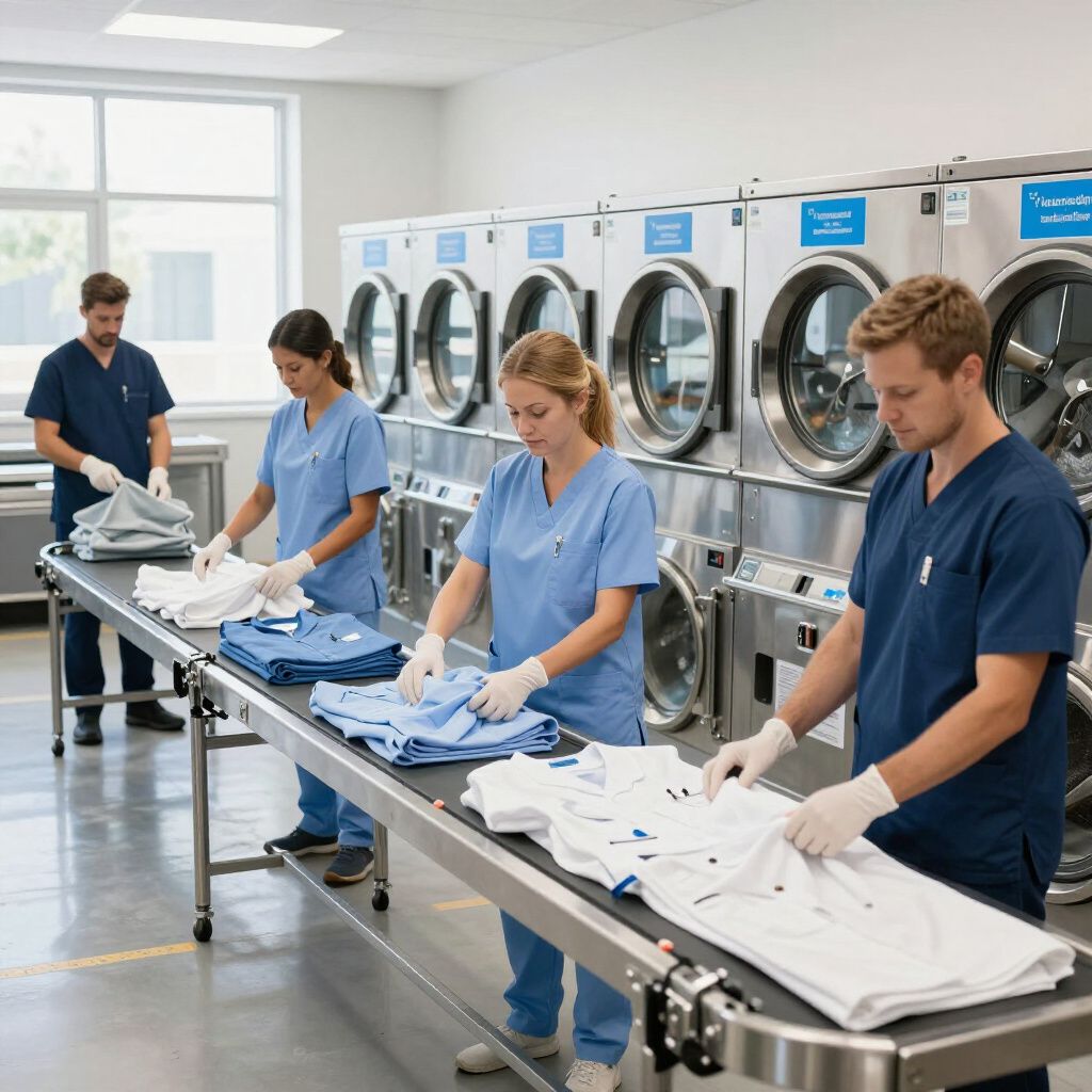 Des personnes plient du linge dans une usine ; des machines à laver sont visibles en arrière-plan.
