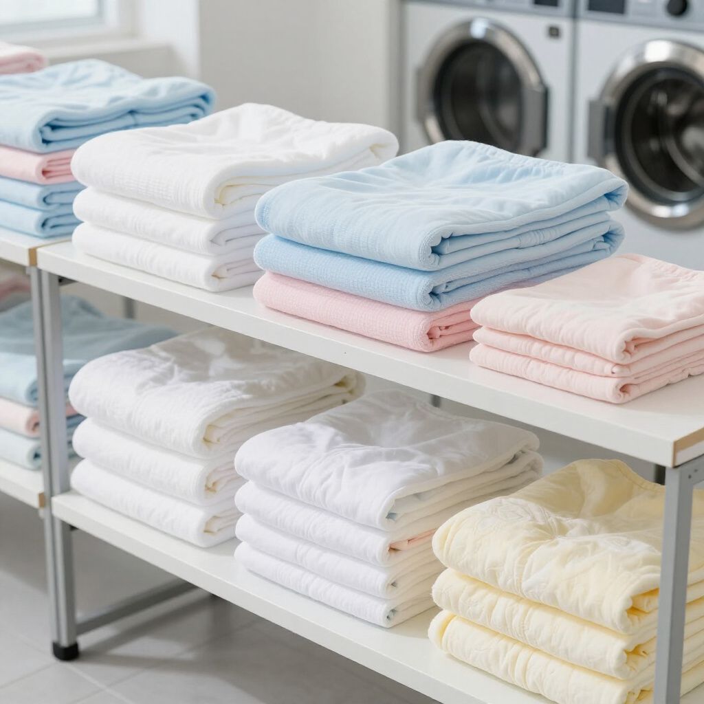 Des piles de serviettes pliées aux couleurs pastel sont rangées sur des étagères dans une buanderie, avec des machines à laver en arrière-plan.