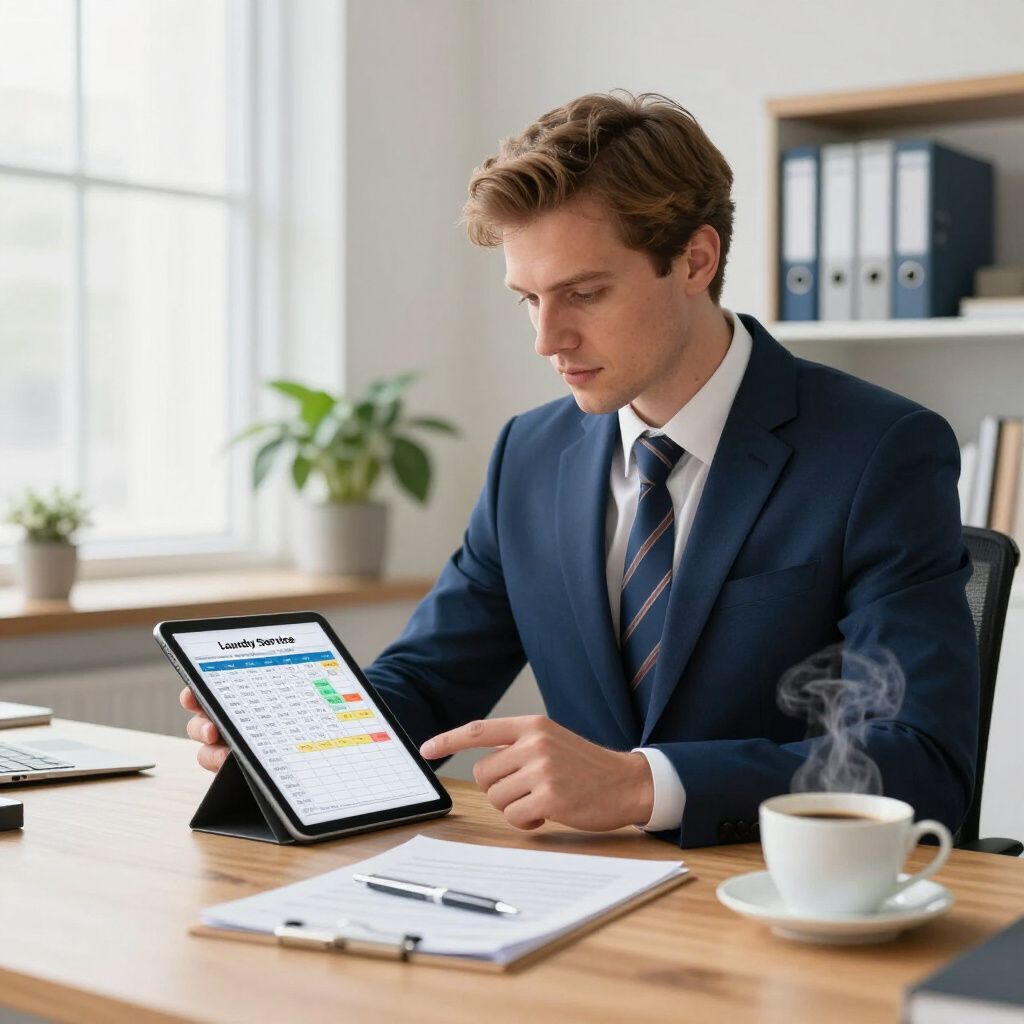 Un homme en costume travaille sur une tablette à son bureau, consultant une feuille de calcul, un café à la main.