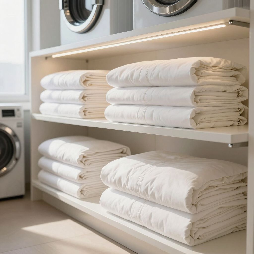 Dans une buanderie, des étagères regorgent de linge de lit blanc soigneusement plié, avec des machines à laver visibles en arrière-plan.