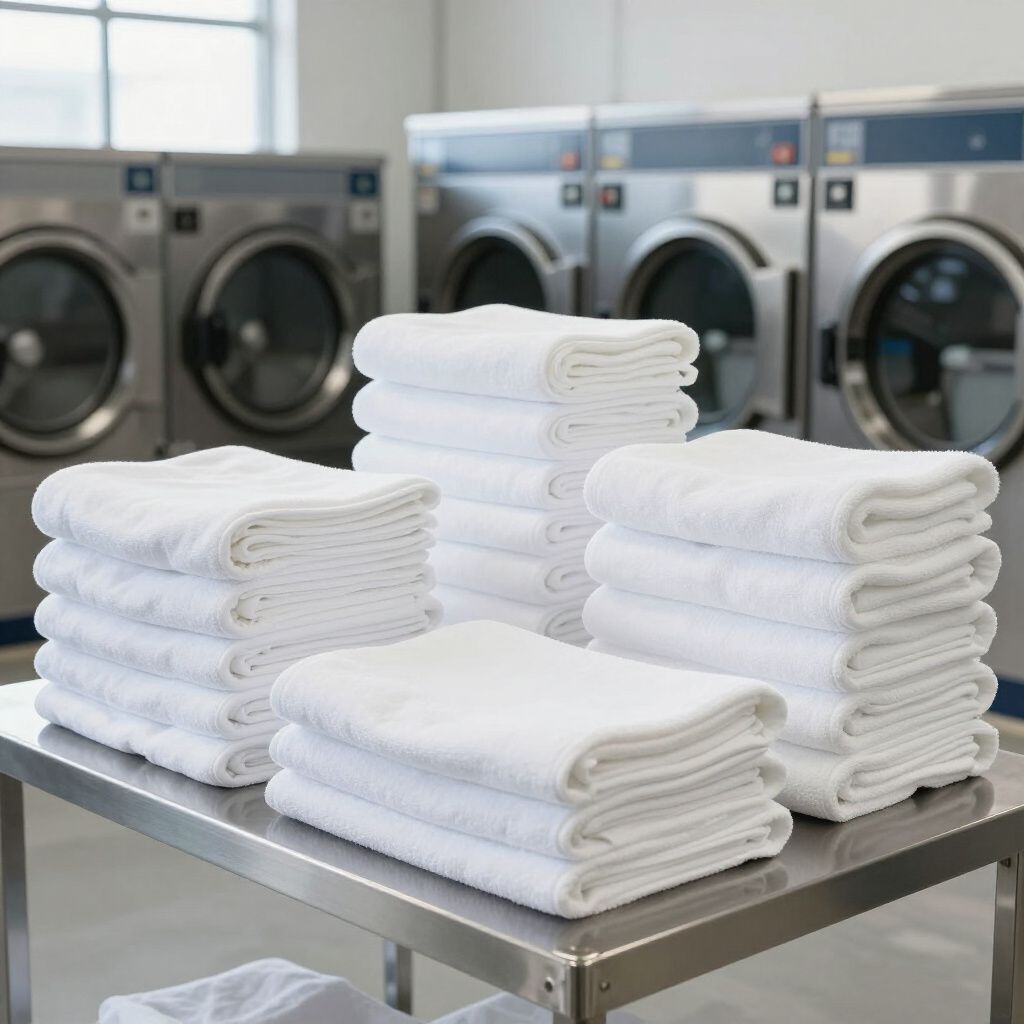Des piles de serviettes blanches pliées sur un chariot métallique dans une laverie automatique, avec des machines à laver en arrière-plan.