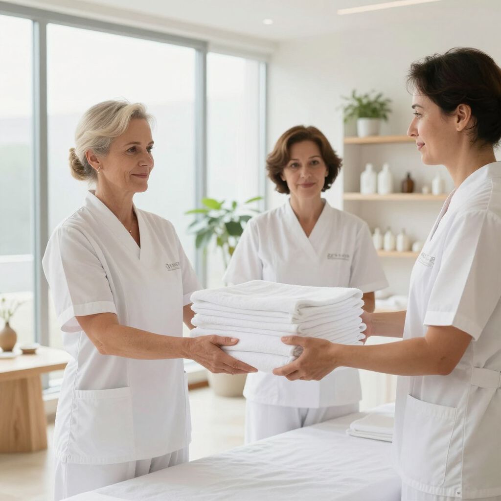 Trois personnes en uniforme blanc échangent des serviettes blanches pliées près d'une table de massage.