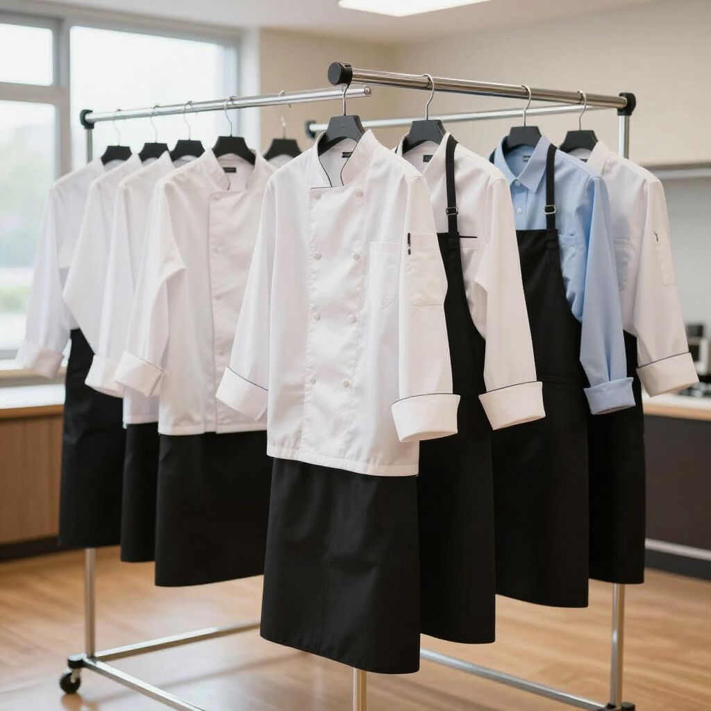 Des vestes de chef blanches et des tabliers noirs sont suspendus à un portant chromé dans une cuisine professionnelle.