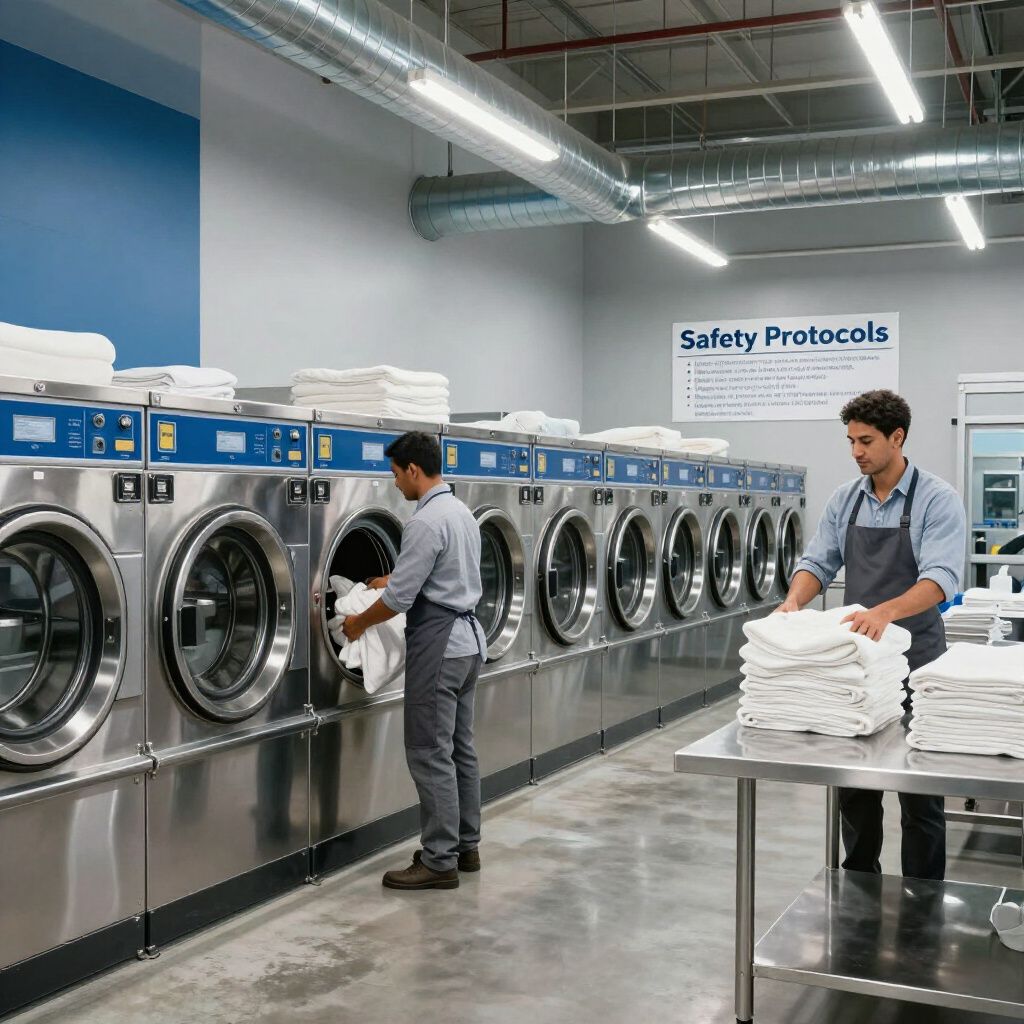 Deux personnes travaillent dans une blanchisserie industrielle, chargeant les machines à laver et pliant des serviettes blanches.