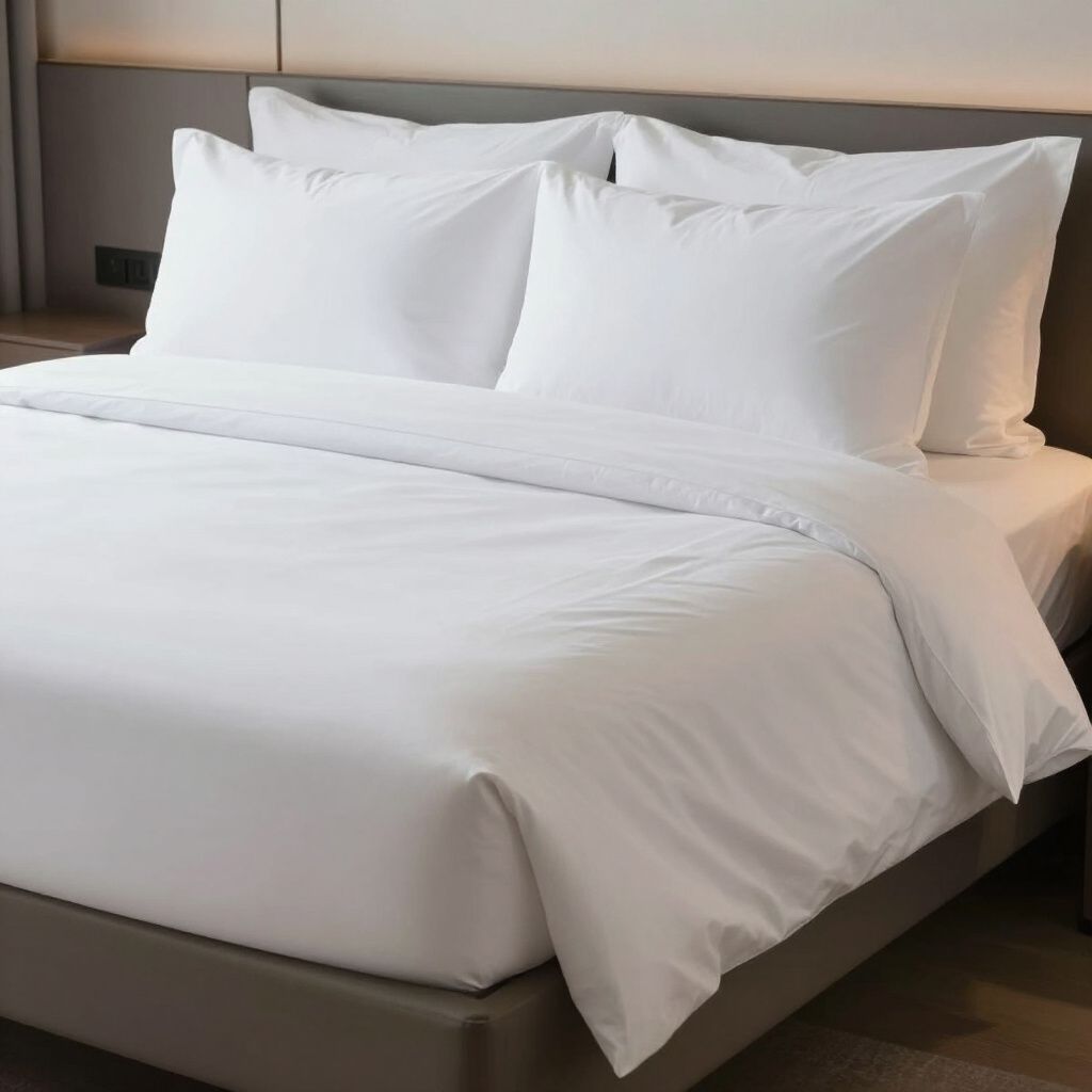 Lit blanc avec oreillers et couette, adossé à un mur neutre.