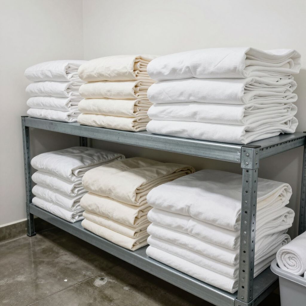 Étagères métalliques avec des piles de linge blanc et crème plié dans un débarras.