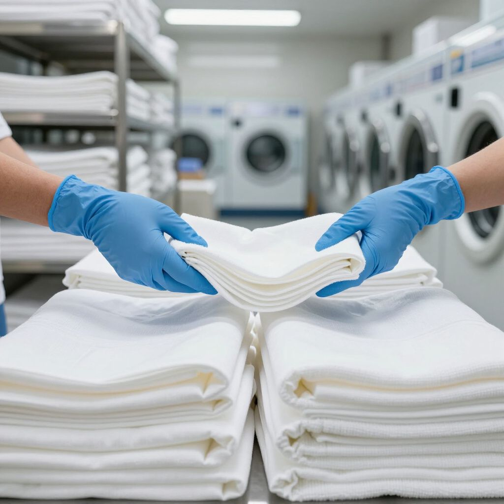 Des mains gantées de bleu plient du linge blanc dans une buanderie, des piles de linge plié devant les machines à laver.