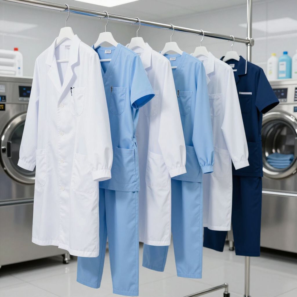 Des blouses médicales et des sarraus sont suspendus à un portant dans la buanderie.