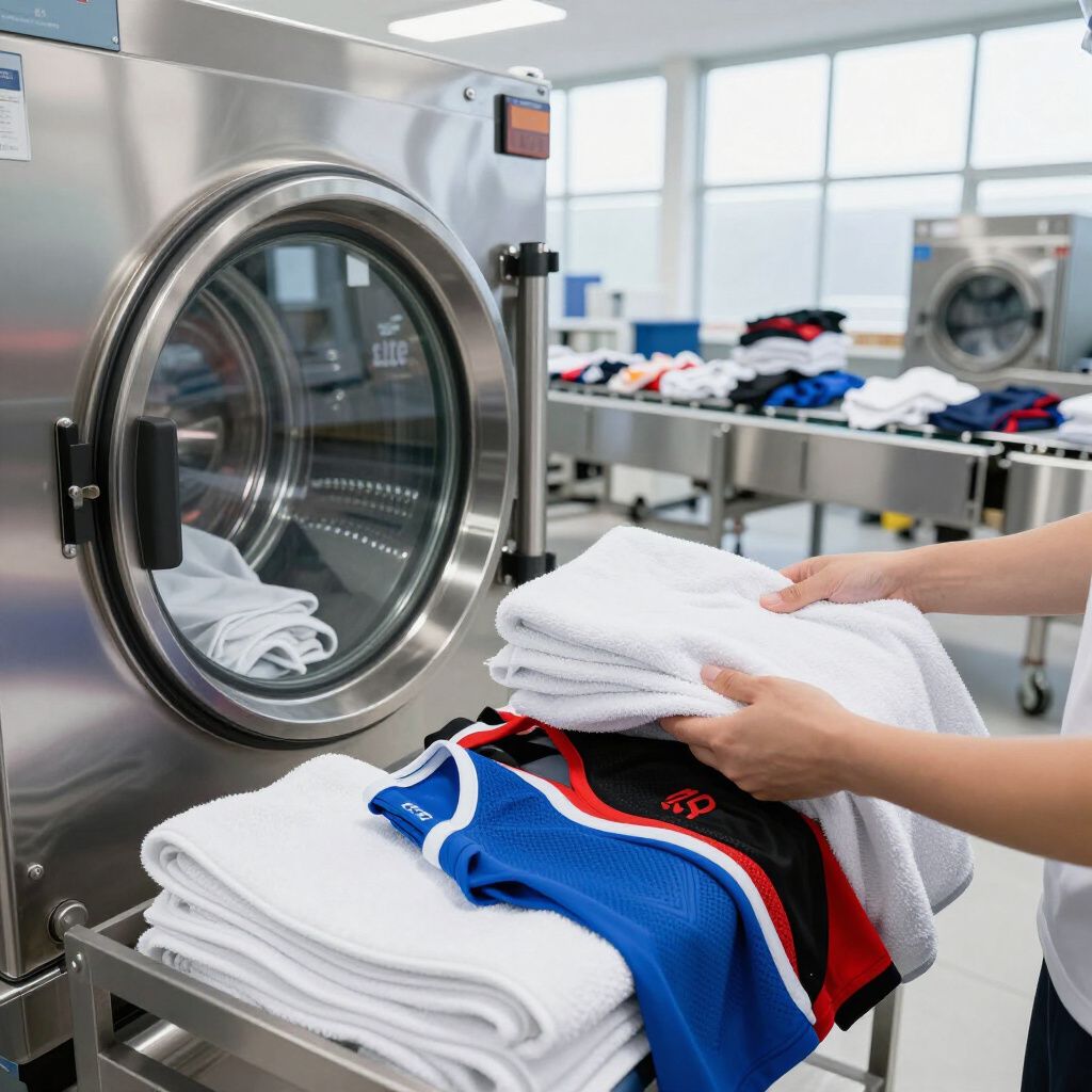 Une personne charge des serviettes blanches et un maillot bleu et rouge dans un sèche-linge industriel dans une blanchisserie.