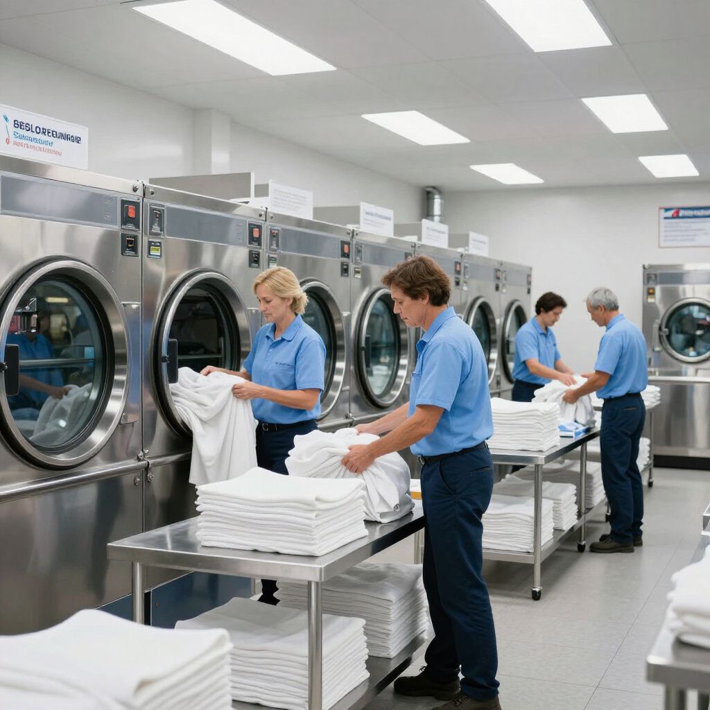 Des personnes plient du linge dans une blanchisserie industrielle équipée de machines à laver industrielles et de tables de linge.