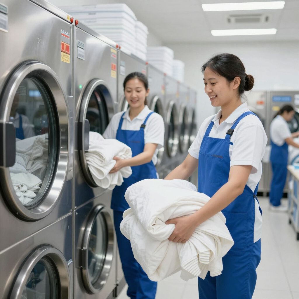 Deux personnes en combinaisons bleues chargent du linge dans des machines à laver industrielles, dans une laverie automatique.
