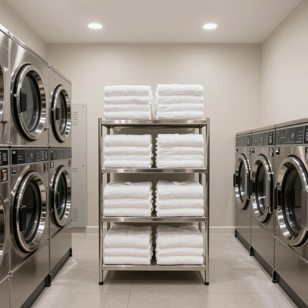 Buanderie avec lave-linge en acier inoxydable et un portant de serviettes blanches pliées.
