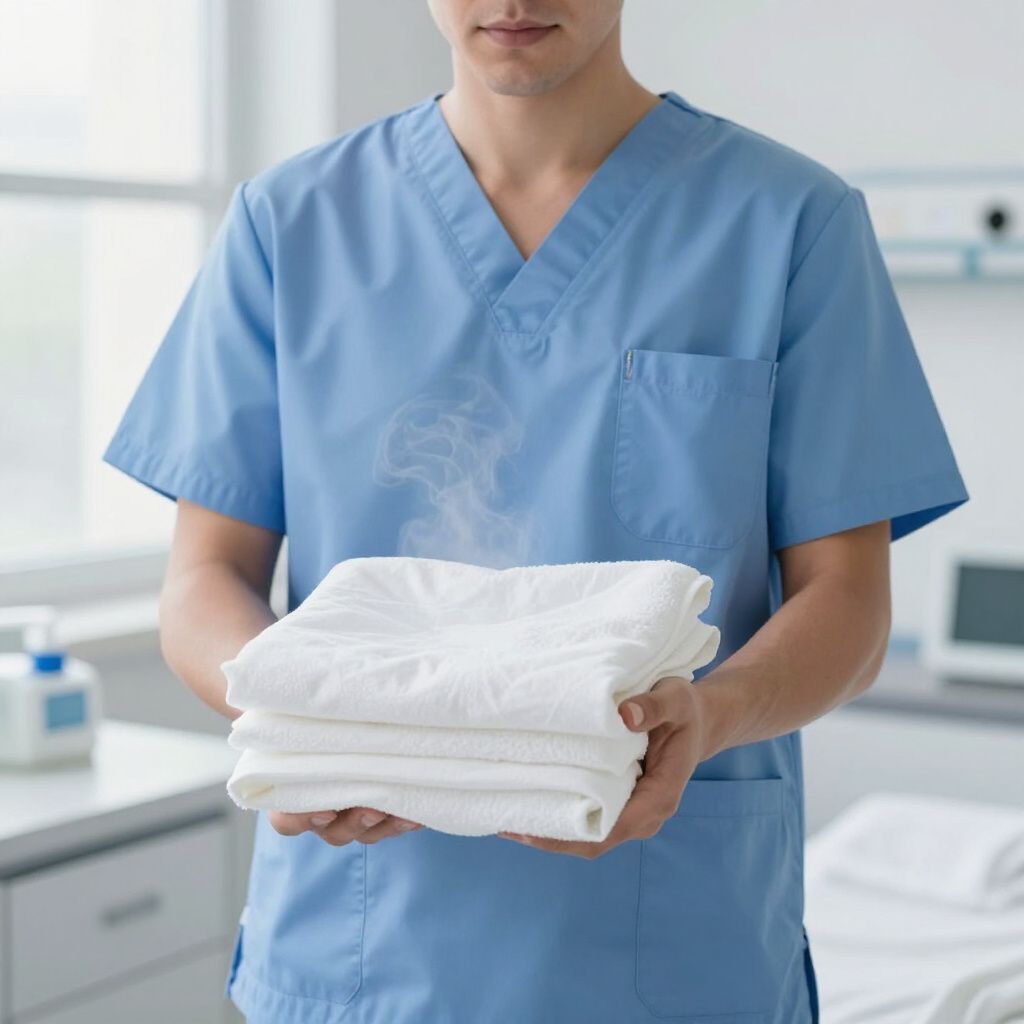 Une personne en blouse bleue tient une pile de serviettes blanches propres et fumantes dans une chambre d'hôpital.