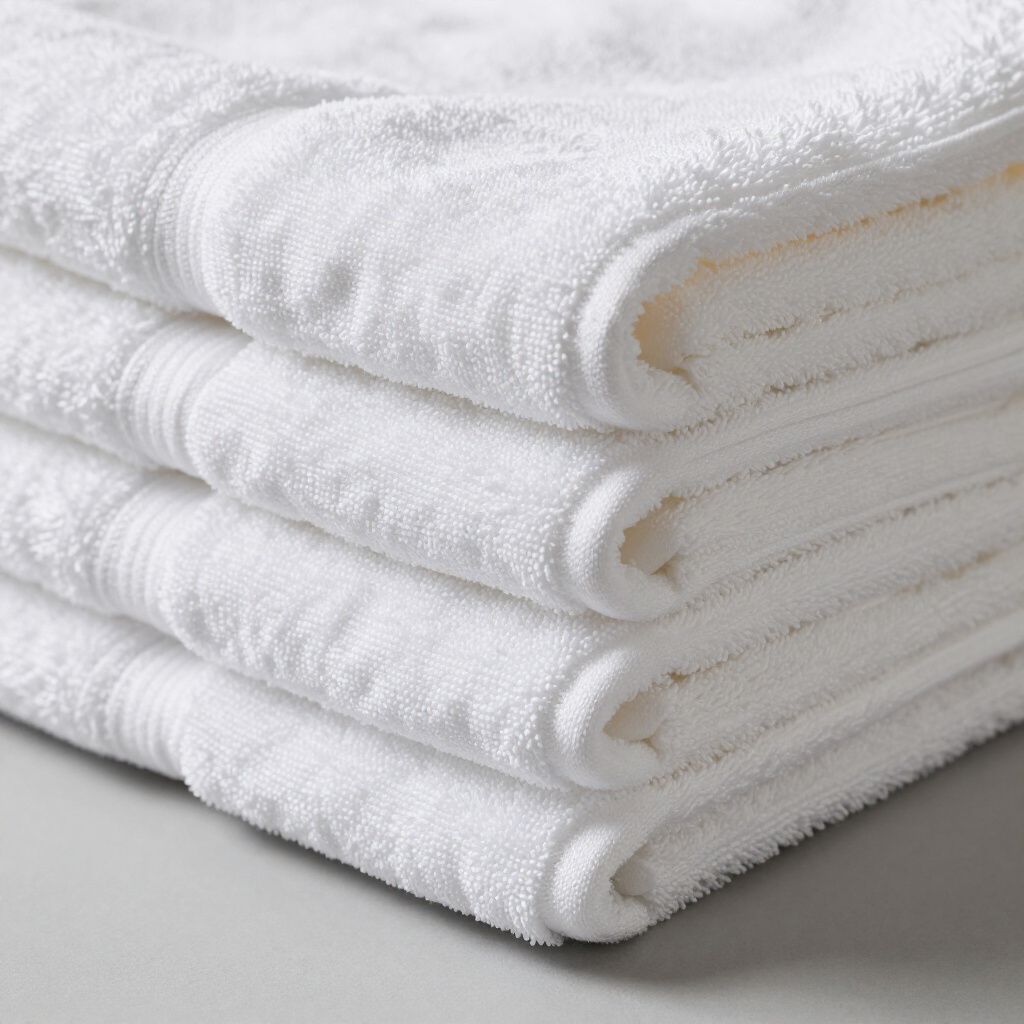 Pile de serviettes blanches en éponge, soigneusement pliées, coutures et bords apparents.