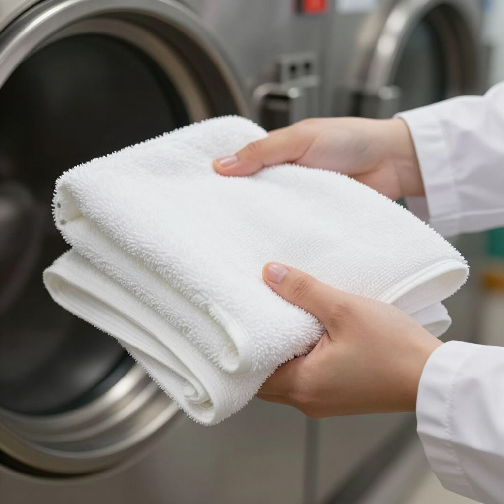 Des mains tenant des serviettes blanches pliées devant une machine à laver industrielle.
