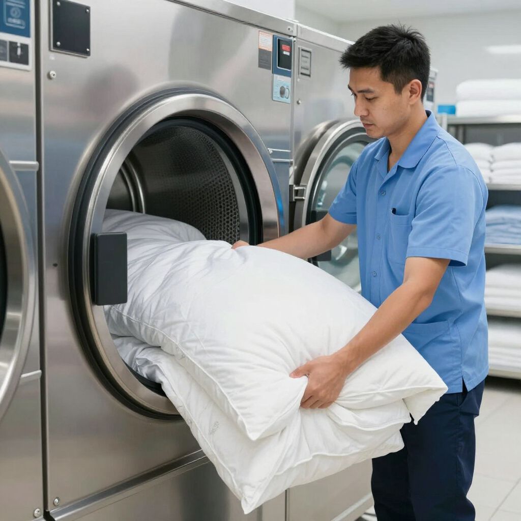 Un homme en chemise bleue charge des draps blancs dans une grande machine à laver industrielle.