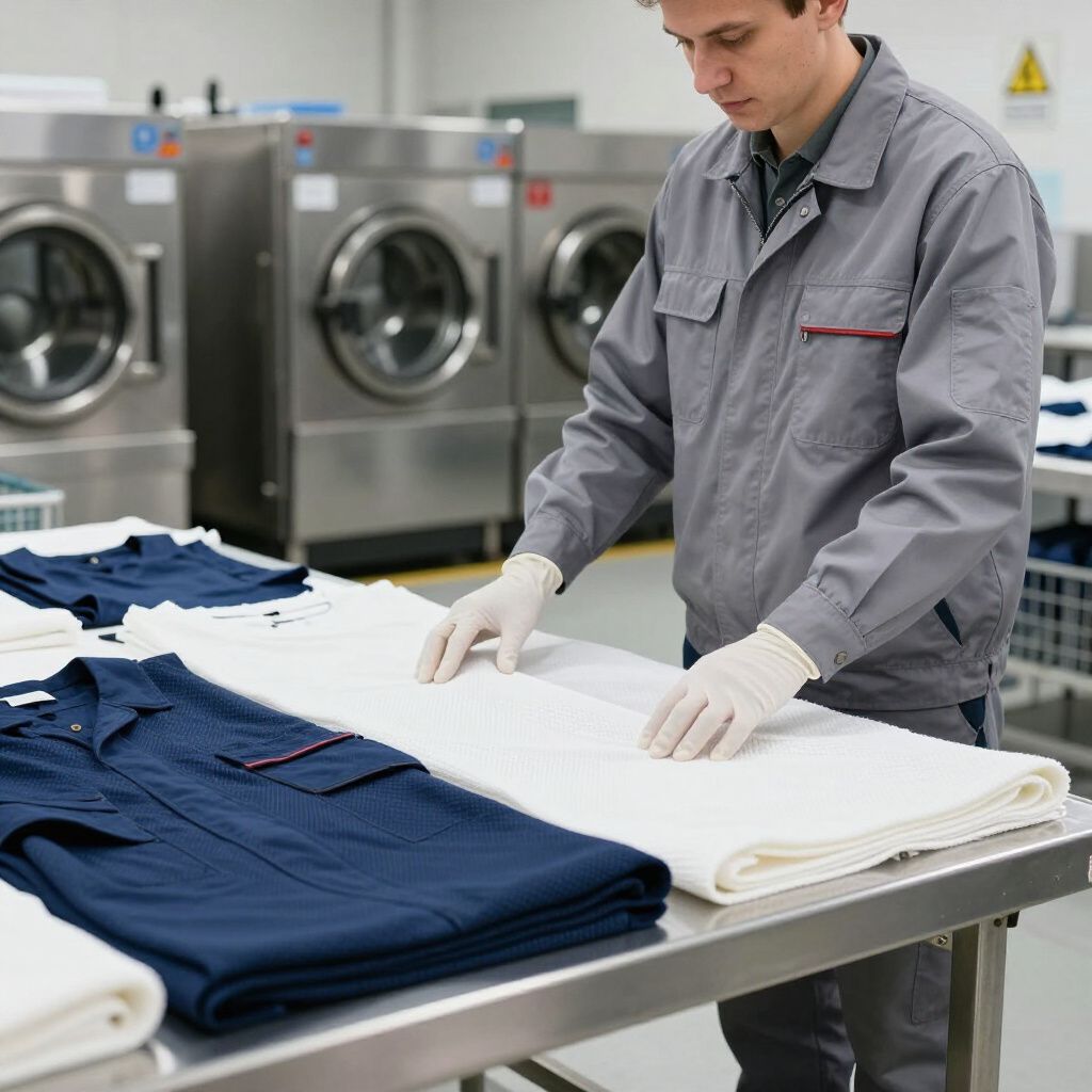 Un homme en uniforme gris plie du linge dans une blanchisserie industrielle.