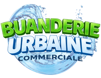 Logo pour Buanderie Urbaine Commerciale, texte vert et bleu sur fond d'éclaboussures d'eau.