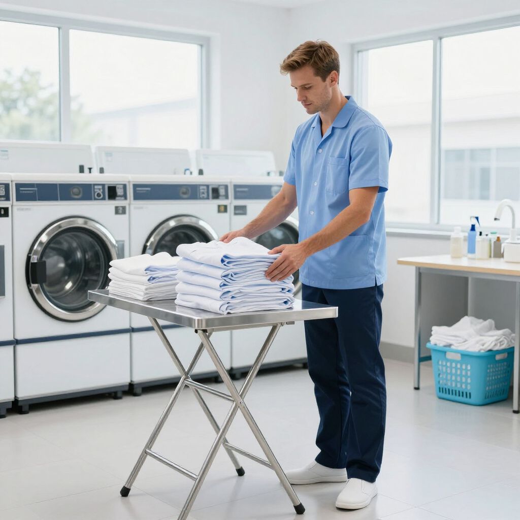 Un homme en chemise bleue plie des serviettes blanches dans une buanderie et les empile sur une table pliante.