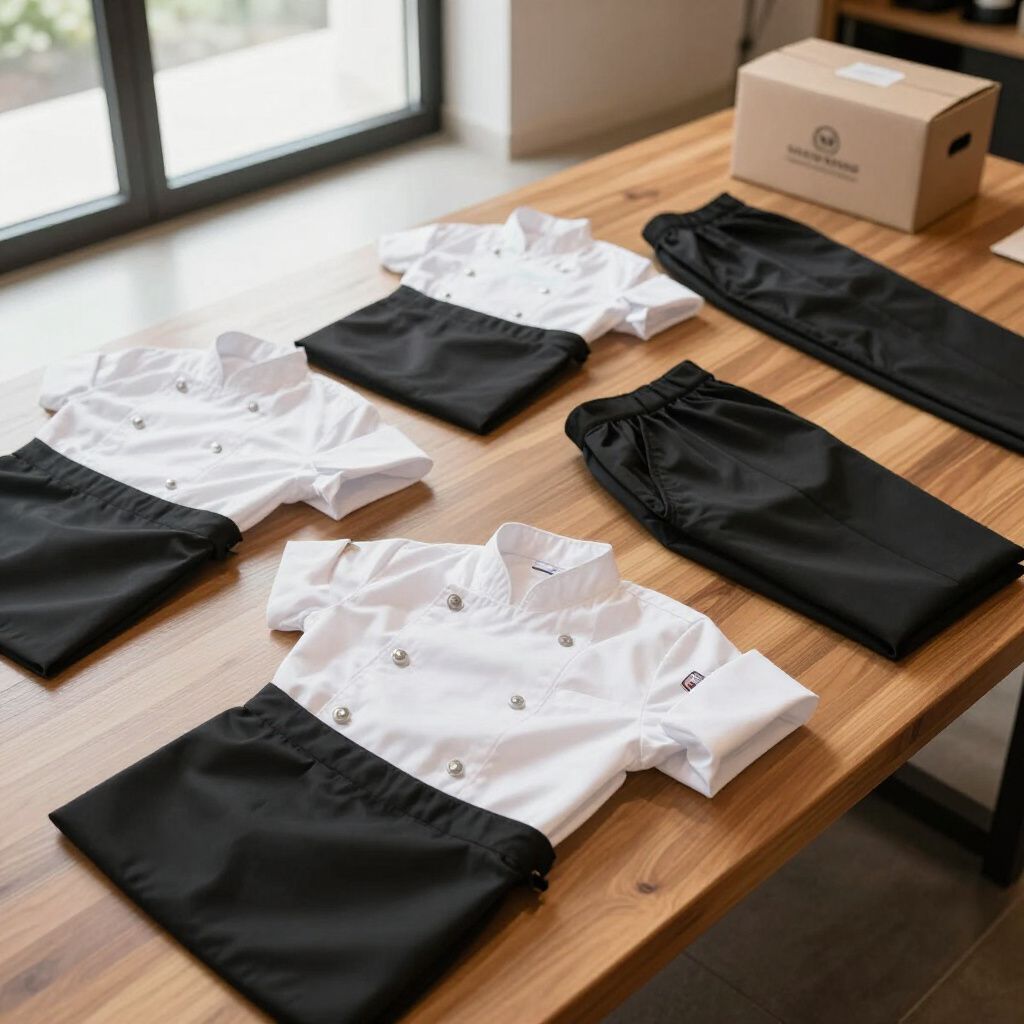 Uniformes de chef : chemises blanches boutonnées et pantalons noirs disposés sur une table en bois, à côté d'une boîte.