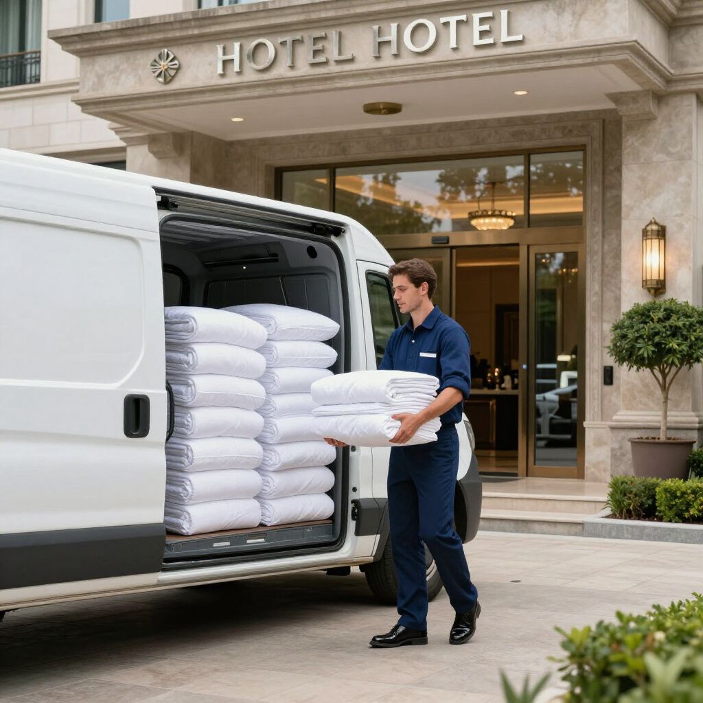Un homme décharge du linge propre d'une camionnette à l'entrée d'un hôtel.